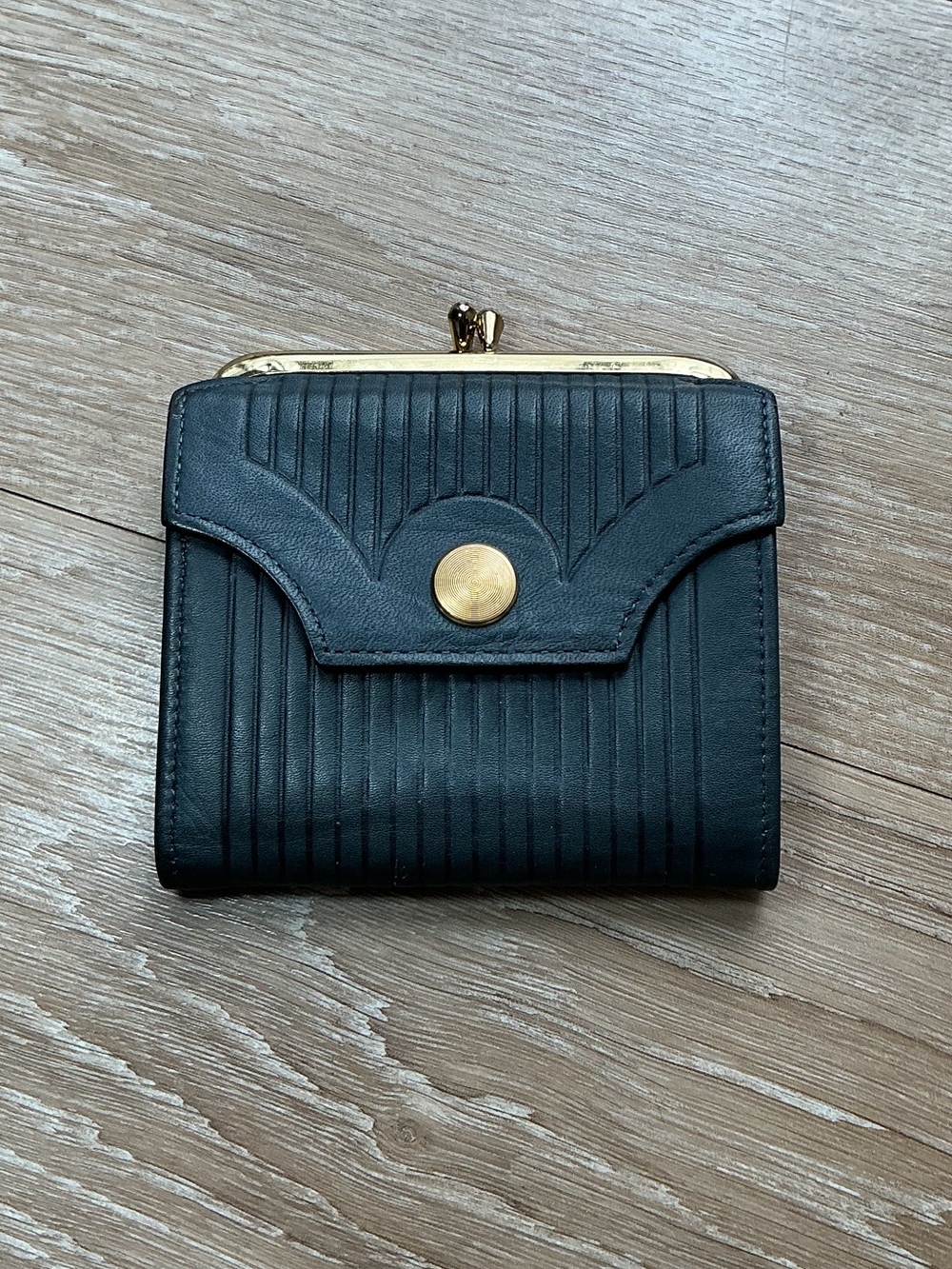 Vintage Prince Gardner Navy Blue Genuine Leather Tri-Fold Wallet w/ Gold Accent